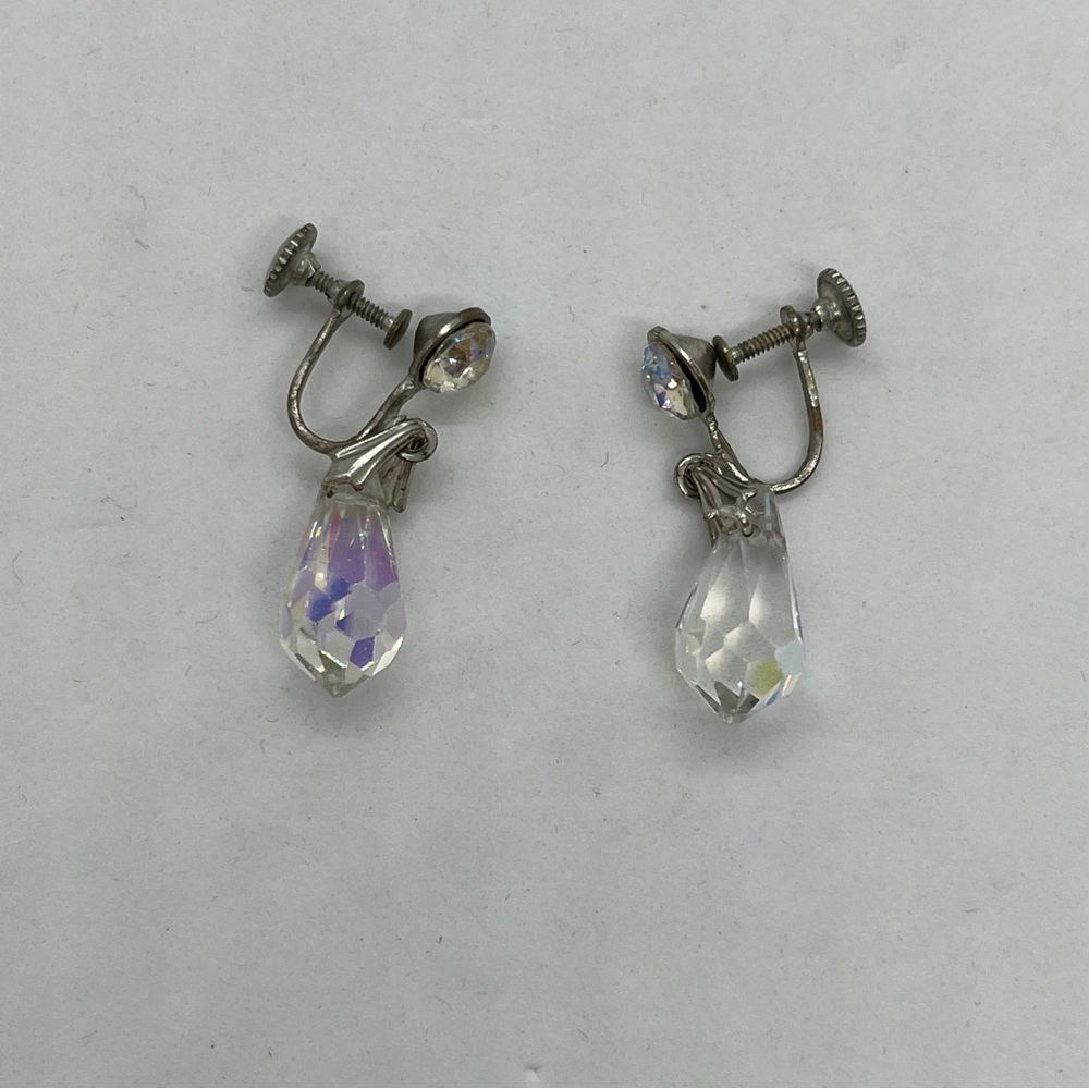 Vintage Clear Crystal Statement Screw Post Dangle Earrings Silver Tone Drops